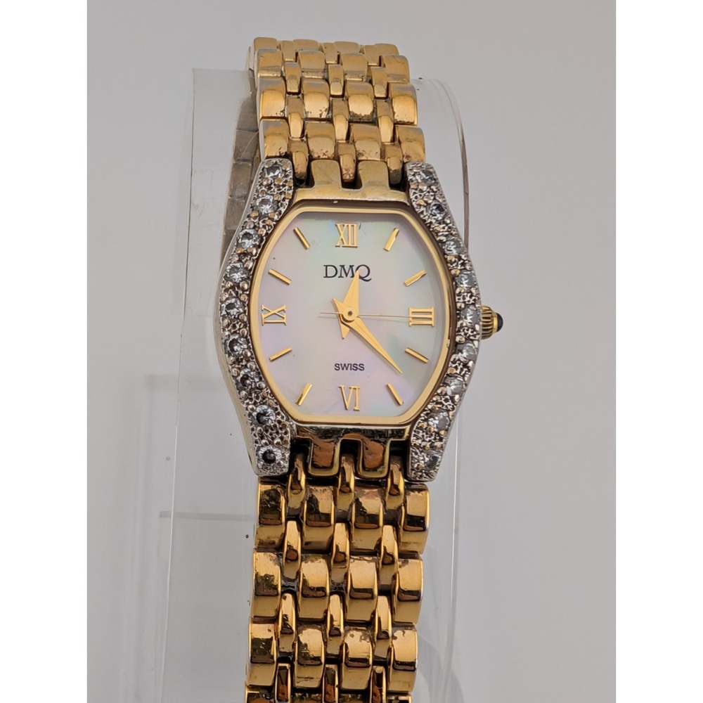 DMQ Watch Womens 22mm Gold Tone Crystal Accents MOP Dial 6.5" Band-nNew Battery